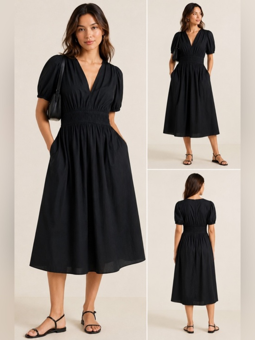 Banana Republic Black V-Neck Cotton Midi Dress Pockets NWT Women’s Size Small